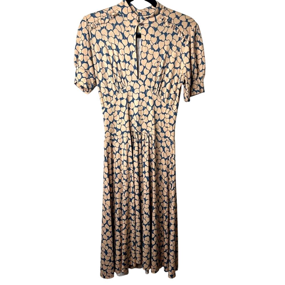 Maria Bonita Extra Blue & Tan Heart Keyhole Front Short Sleeve Maxi Dress Med